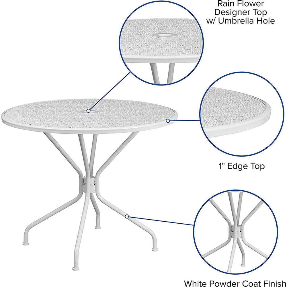 35.25" Commercial Grade White Steel Indoor/Outdoor Patio Table with Umbrella Hole