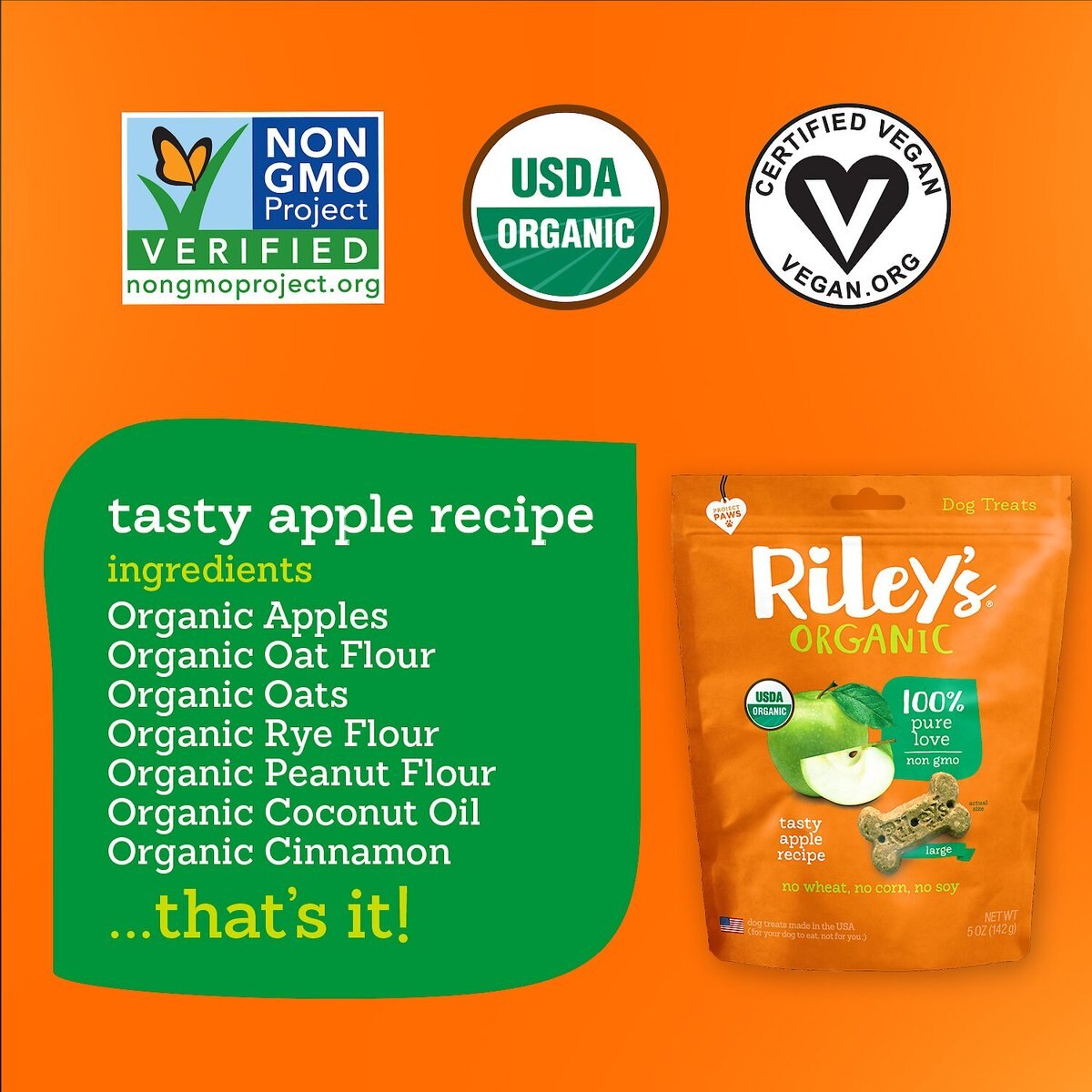 Riley's Organic Tasty Apple Bone Dog Treats， 5-oz， Large