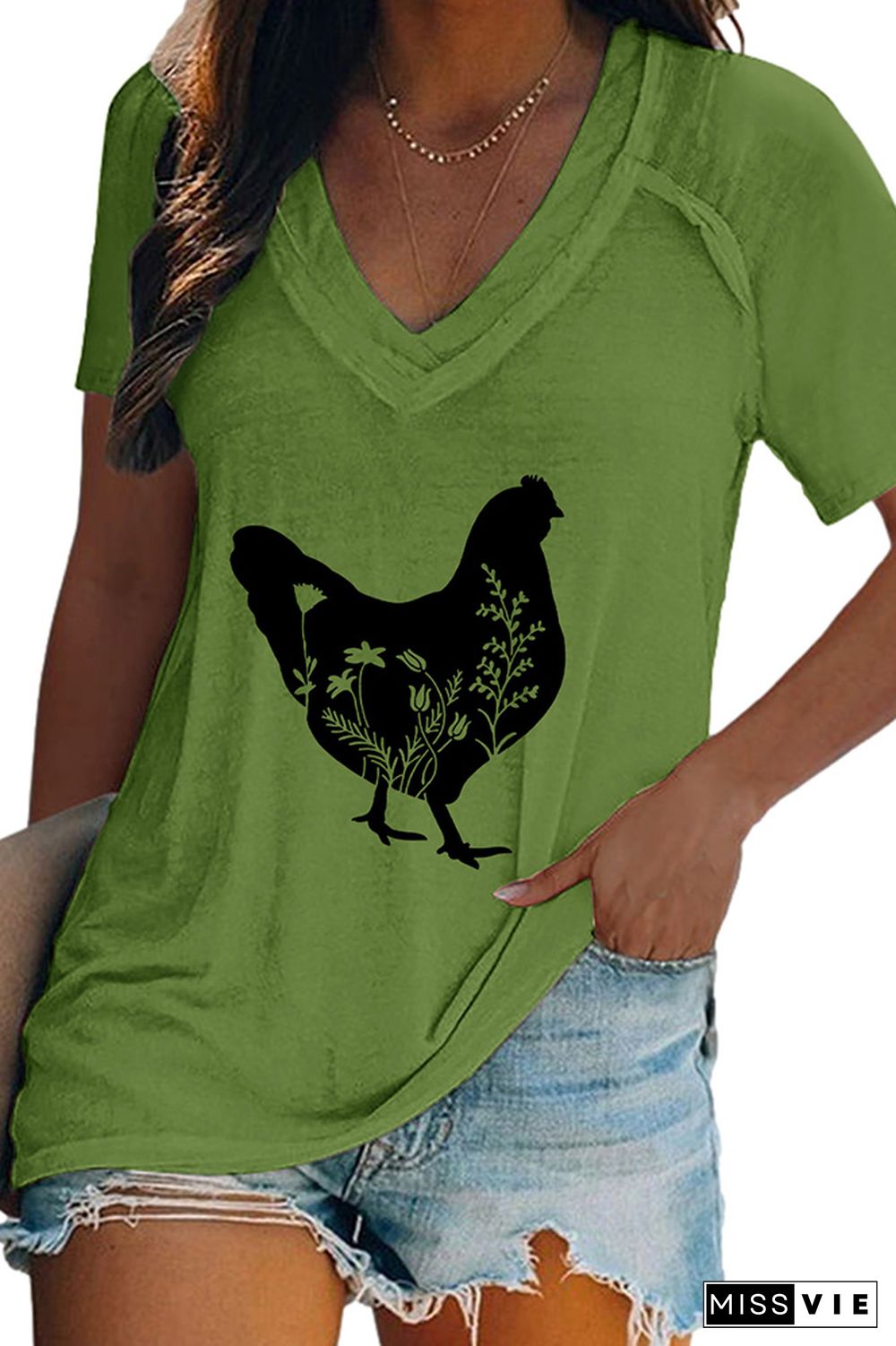 Floral Chicken V Neck Graphic Tee