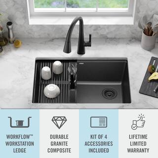 Delta Everest Metallic Black Granite Composite 29 in. Single Bowl Undermount Workstation Kitchen Sink with Accessories 75B933-30S-BL