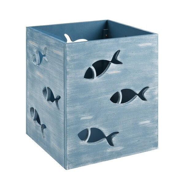 Creekview Coastal Square Metal Accent Side Table with Cutout Fish， Natural Top and Blue Base