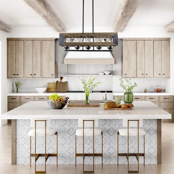 Farmhouse 32-in Linear 5-Light Wood Chandelier Rustic Island Lights