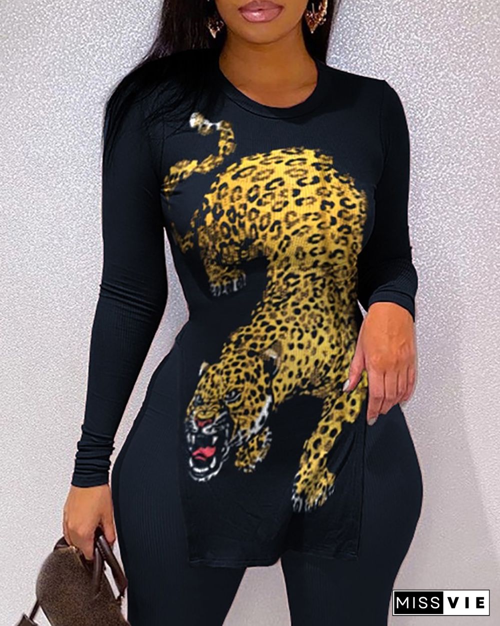 Cheetah Print Long Sleeve Top & Pants Sets