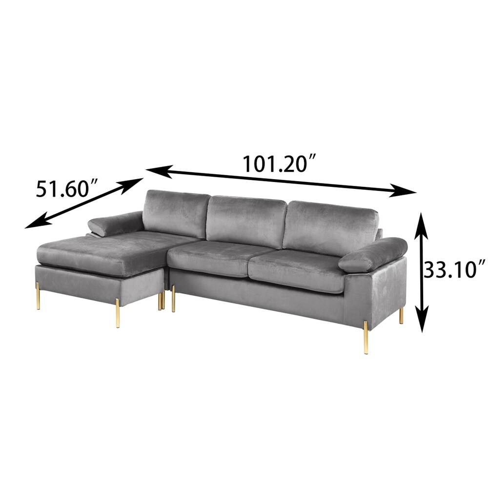 Velvet Sectional Sofa Chaise with Wood Frame and Removable Back