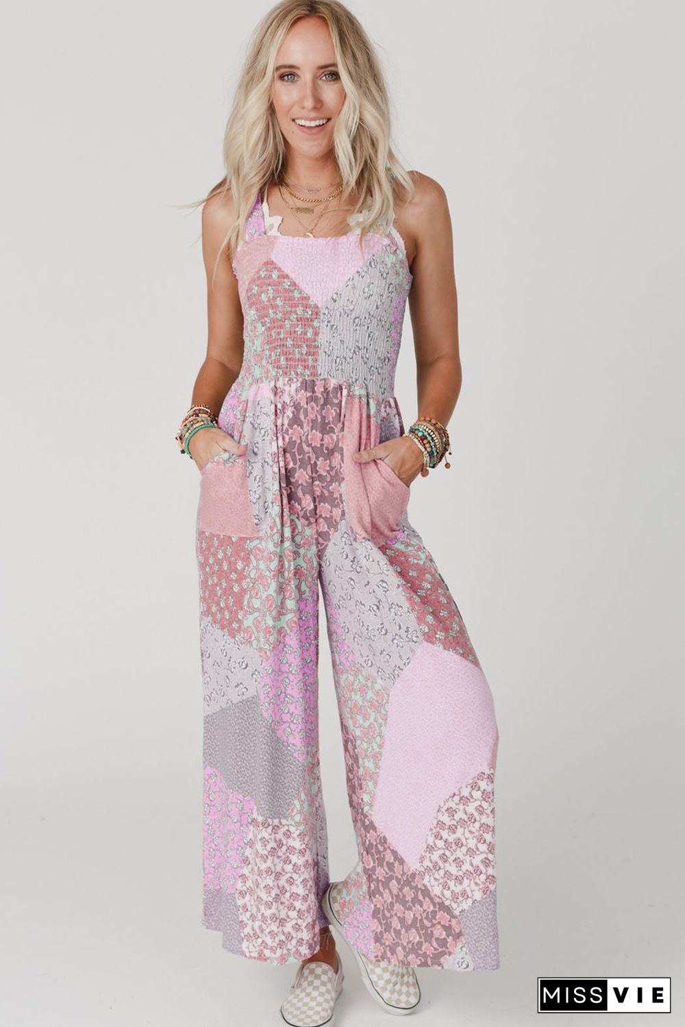 Pink Irregular Patchwork Print Smocked Wide Leg Jumpsuit