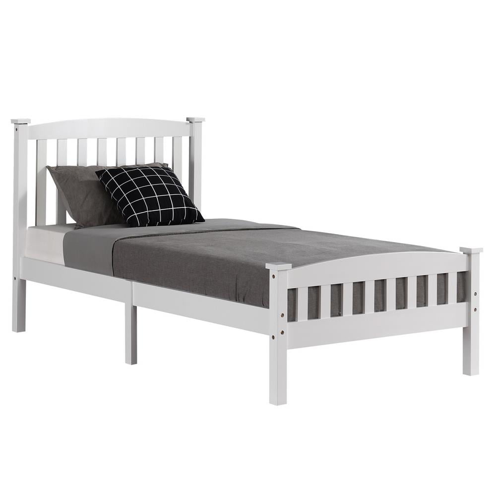 Ktaxon Twin Bed Frame,Solid Pine Wood Kids Twin Platform Bed Frame, Bedroom Twin Bed with Headboard for Adults, White, 78.94âL*42.44âW*39.17âH