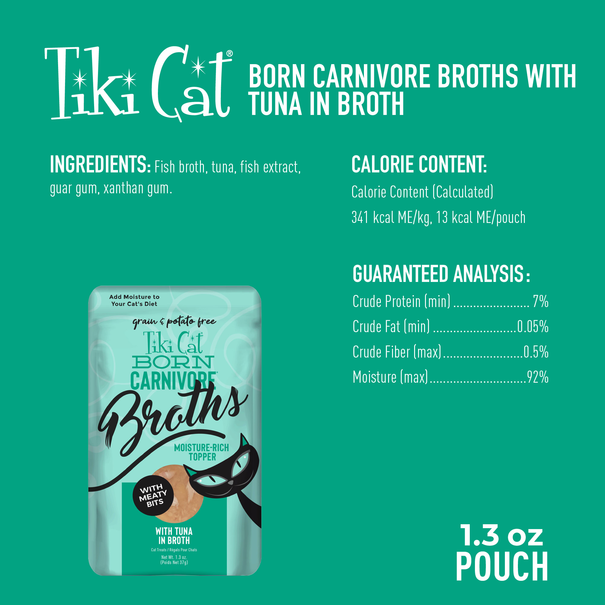 TIKI CAT Savory Broth with Meaty Bits Tuna Flavored Cat Treats， 1.3 oz.， Case of 12