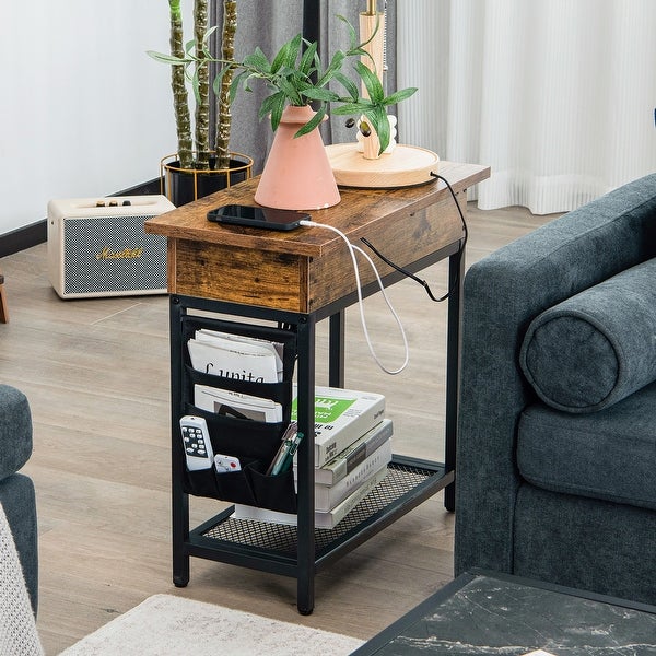 Gymax End Table with Charging Station Industrial Nightstand Flip Top