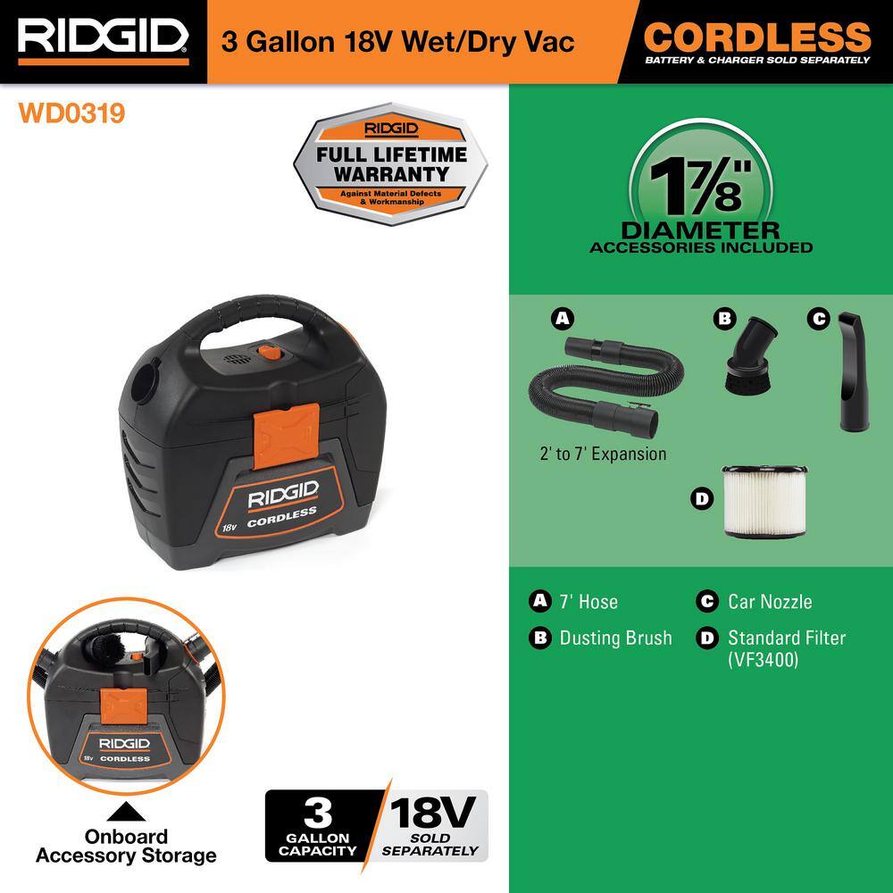 RIDGID 3 Gallon 18-Volt Cordless Handheld WetDry Shop Vacuum (Tool Only) with Filter Expandable Locking Hose and Accessories WD0319