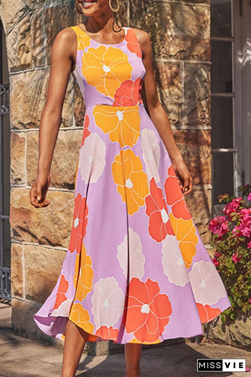 Elegant Print Split Joint O Neck Waist Skirt Dresses