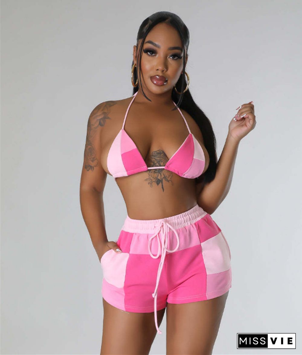 Color Block Print Halter Bra Two Piece Shorts Set