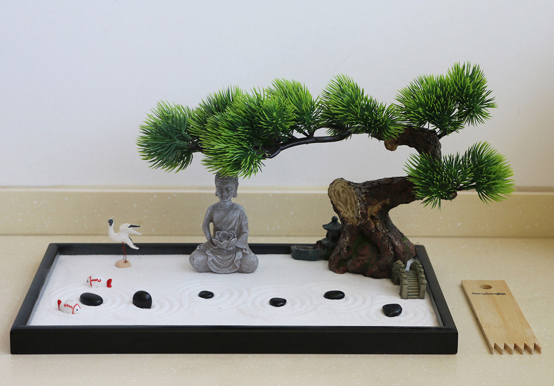 Japanese Tabletop Meditation Buddha Zen Garden Kit Tabletop Rock Sand Garden Office Home Desktop Relaxation Sandbox Decor