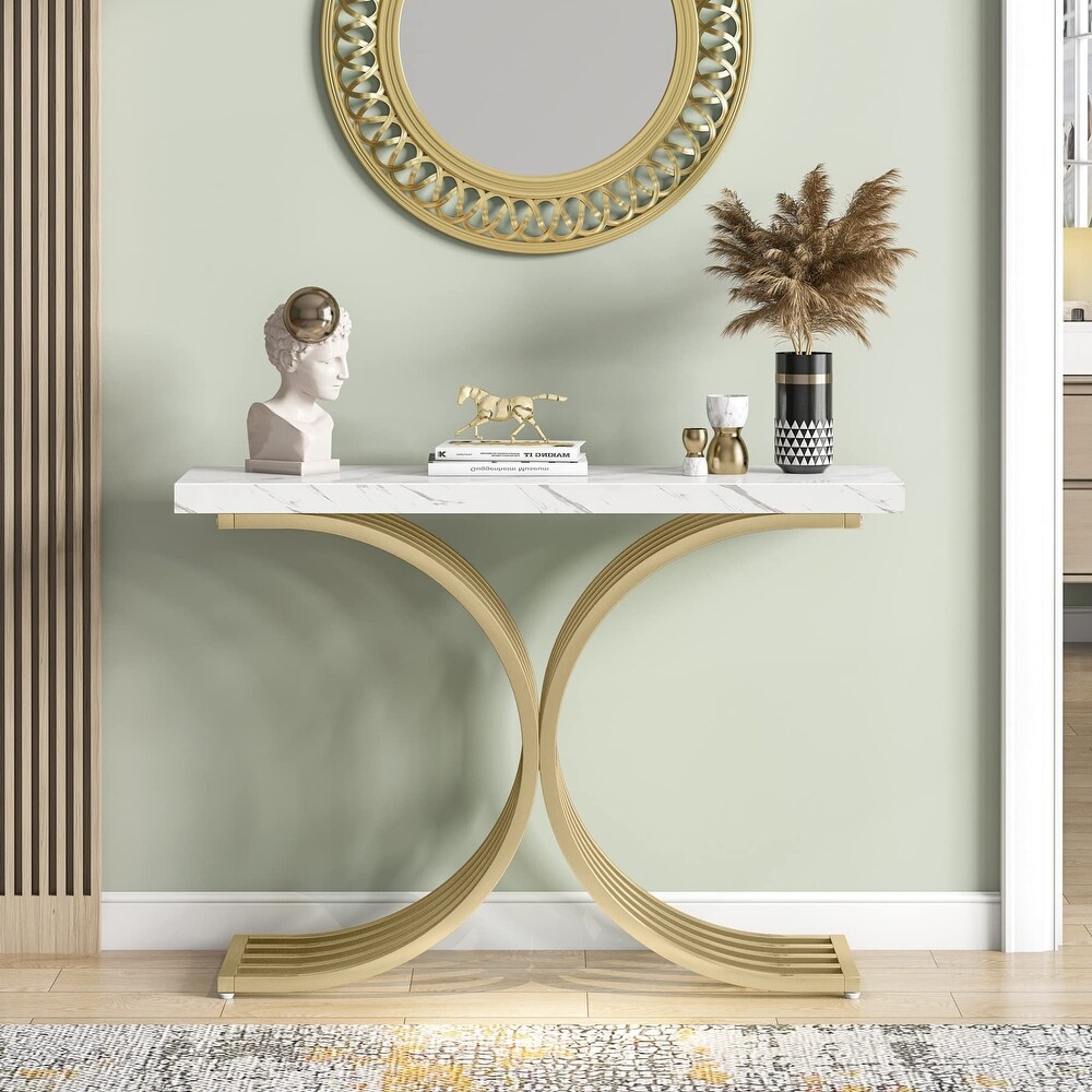 X Base Gold Console Table  Narrow Sofa Accent Table with Marble Top for entrance  Hallway   43'' L x 11.8'' D x 32”H