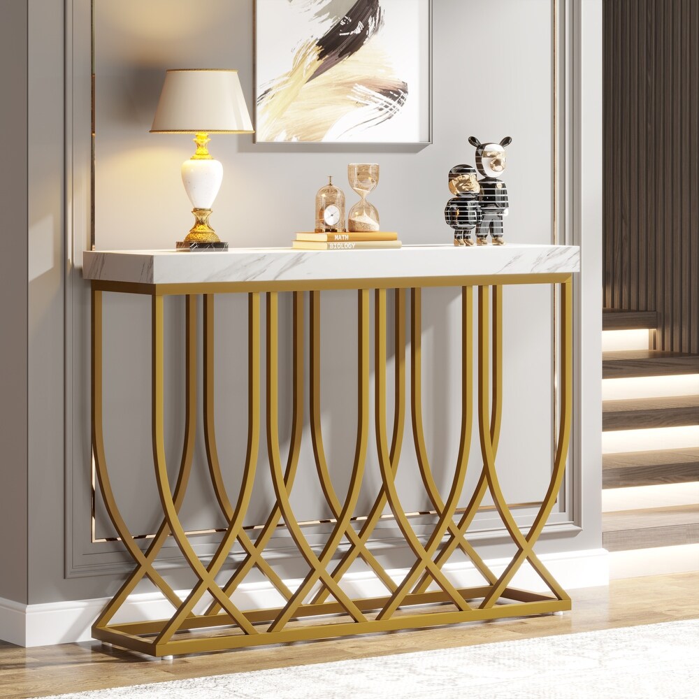 Faux Marble Console Table  39.4 in Modern Entryway Table with Gold Geometric Legs