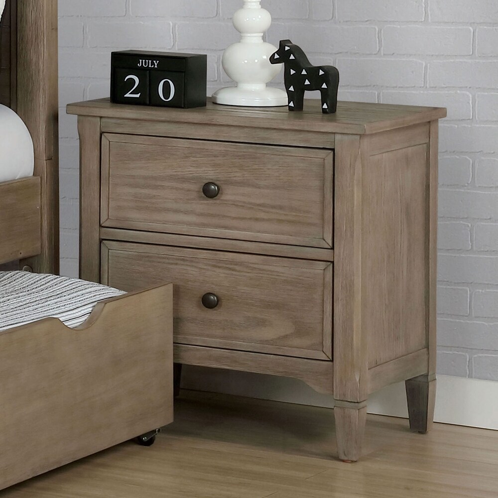 2 Drawers Nightstand with Round Pull Knobs  Wire Brushed Warm Gray