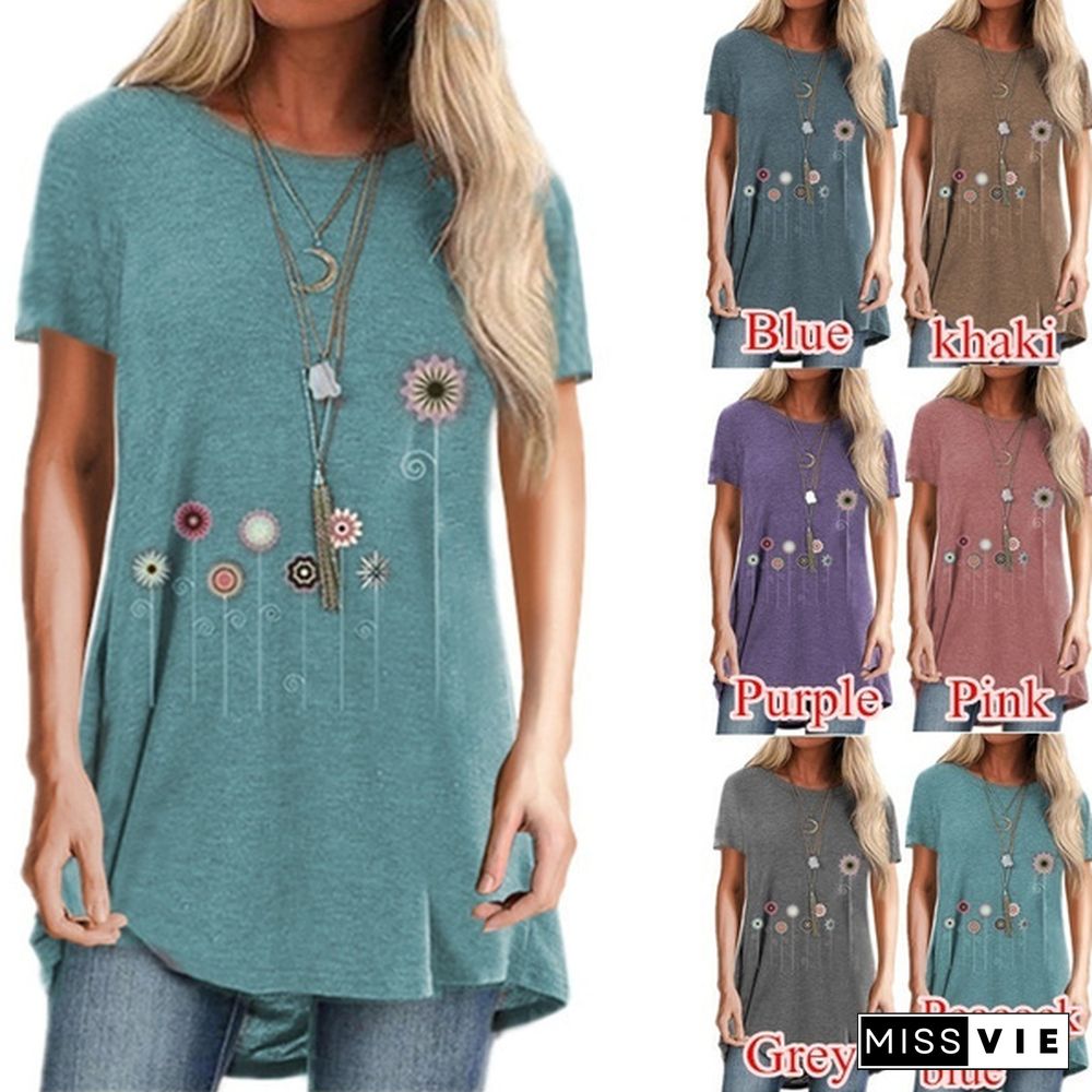 XS-5XL Women's Fashion Summer Clothes Casual O-neck Short Sleeve Tops Ladies Loose Tunic T-shirts Cotton Floral Printed Blouses Plus Size Pullover Shirts