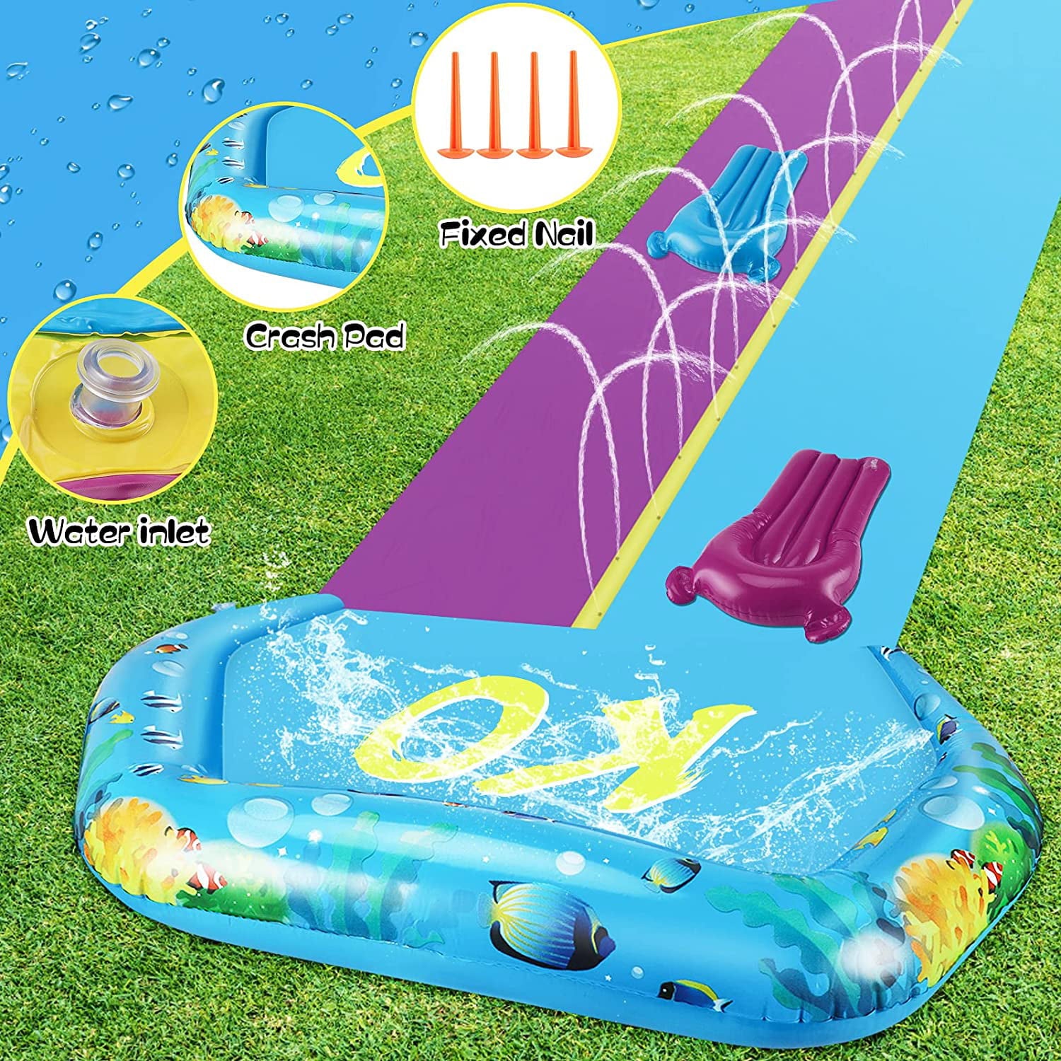 Lavinya 32.8FT Big Water Slide for Children-Double Lawn Water Slip with 2 Surfboards, Water Slide Toys with Crash Pad and Sprinkler For Fun