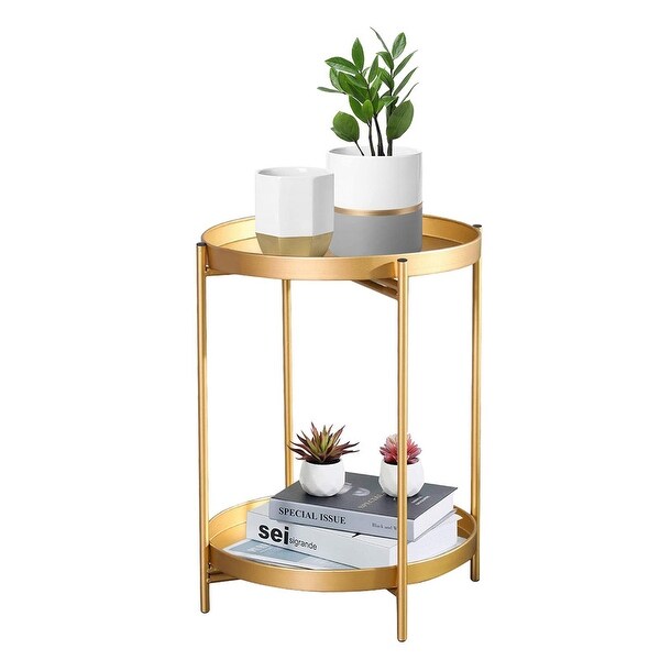 Adeco Side Table 2-Tier Metal Round End Table with Removable Tray - 17.5