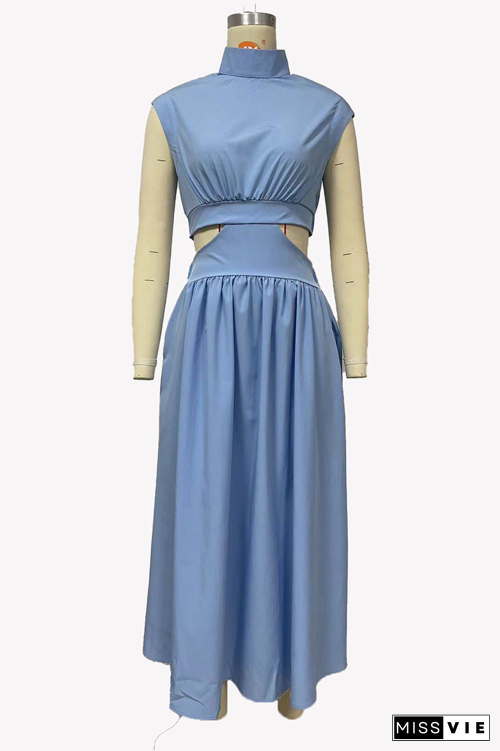 Plain Frilled High Collar Cut Out Waist Maxi Dress