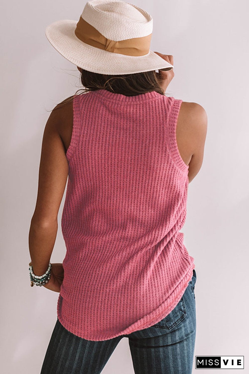 Red Twist Knot Waffle Knit Tank Top