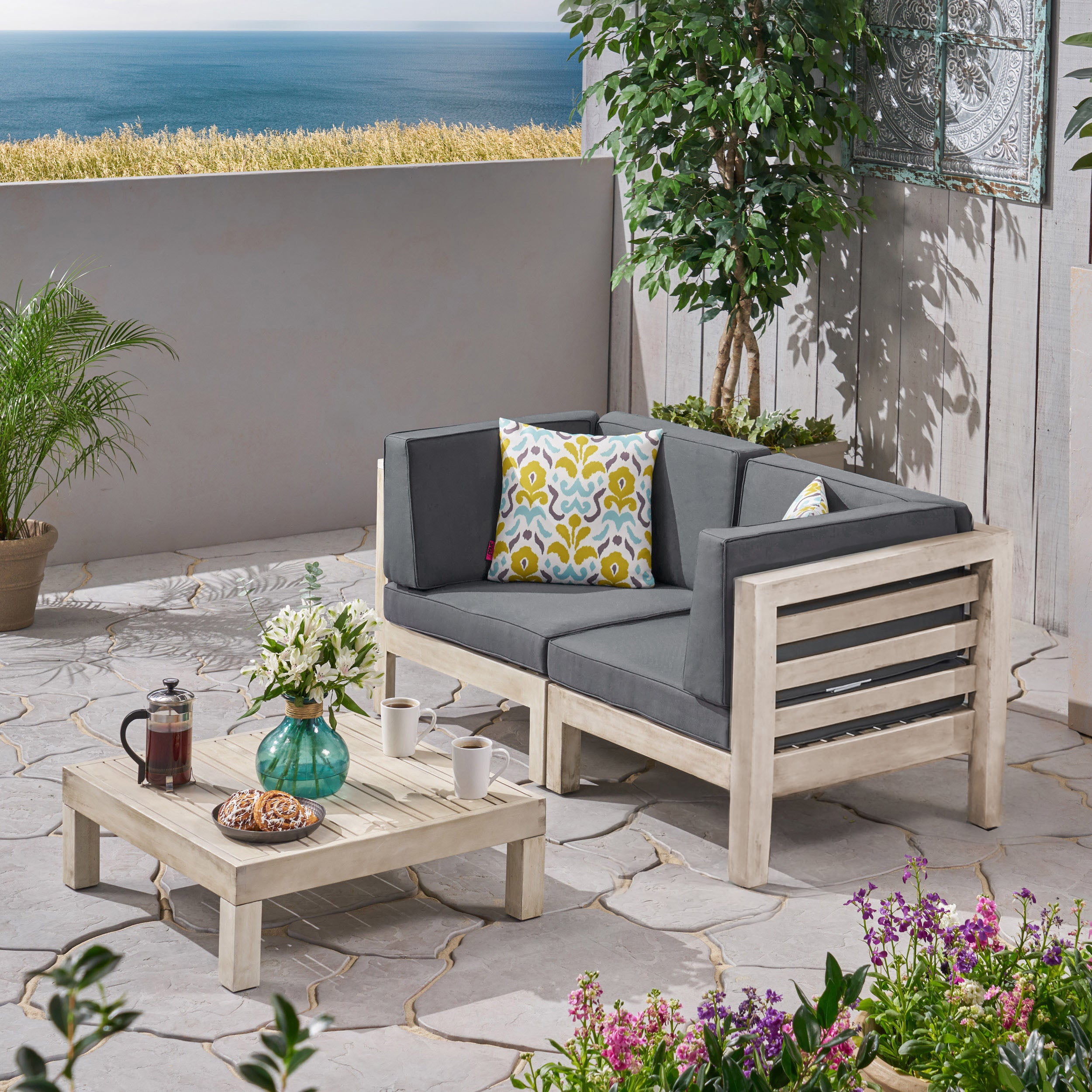 Dawson Outdoor Sectional Love Seat Set with Coffee Table - 3-Piece 2-Seater - Acacia Wood - Outdoor Cushions