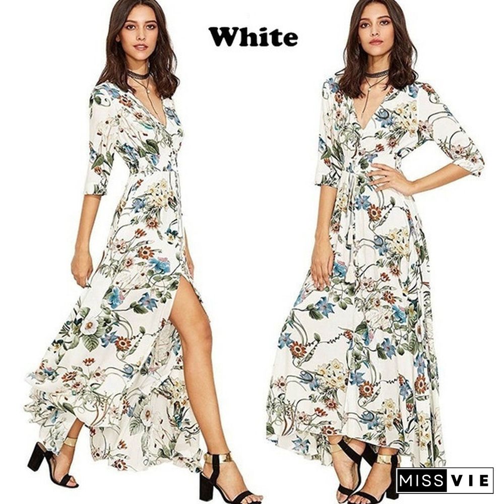 Womens Fashion Bohemian V Neck Print Big Swing Long Dress Plus Size