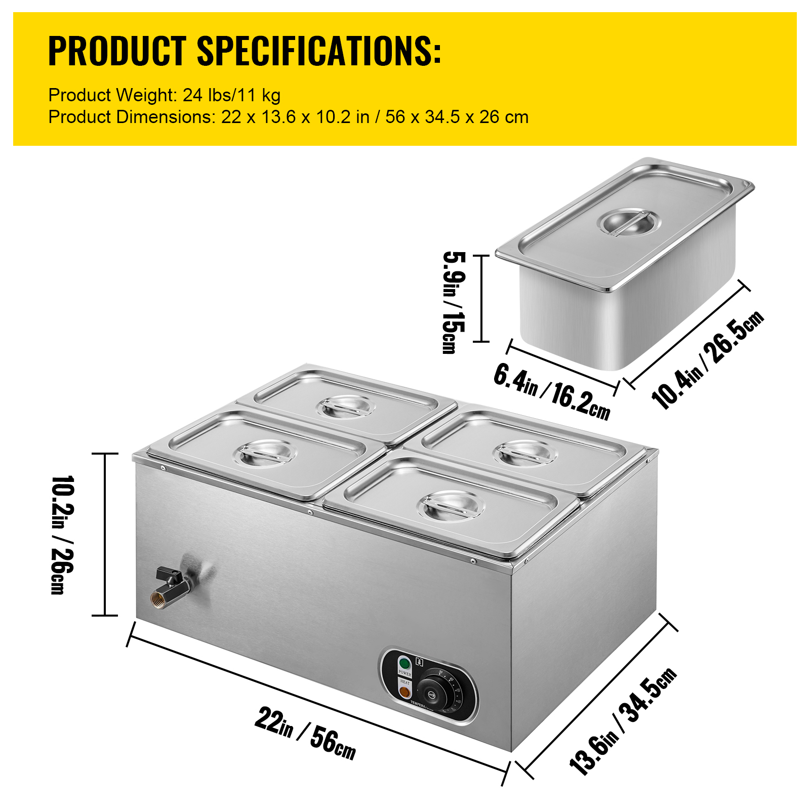 BENTISM 110V Commercial Food Warmer 4x1/4GN， 4-Pan Stainless Steel Bain Marie 24 Qt Capacity，1500W Steam Table 15cm/6inch Deep，Temp. Control 86-185℃， Electric Soup Warmer with Lids and 2 Ladles