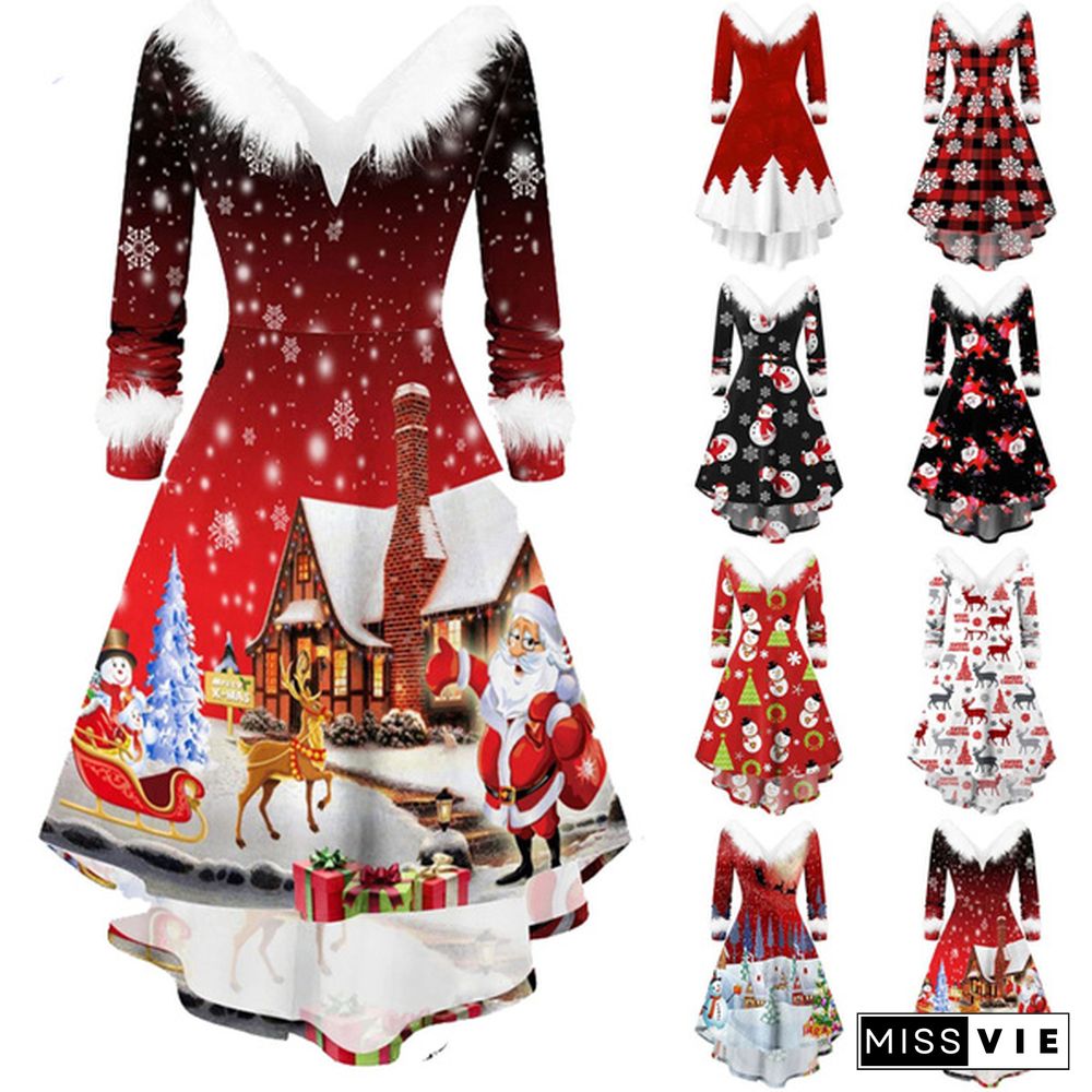 Plus Size Xs-5Xl Christmas Dress Fashion Women Long Sleeve Vintage Elegant V Neck Christmas Print Big Swing Party New Year Winter Clothes