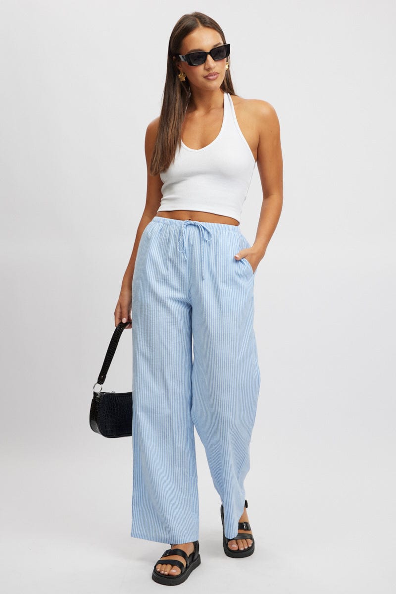 Blue Stripe Wide Leg Pants High Rise