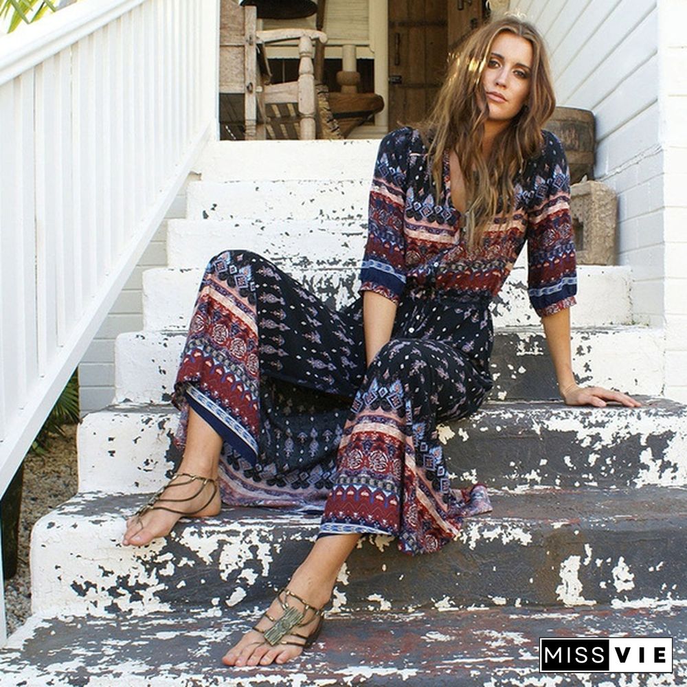 New Bohemian Printing Long Dress Women Maxi Long Dress Floral Print Retro Hippie Vestidos Chic Brand Clothing Boho Dress