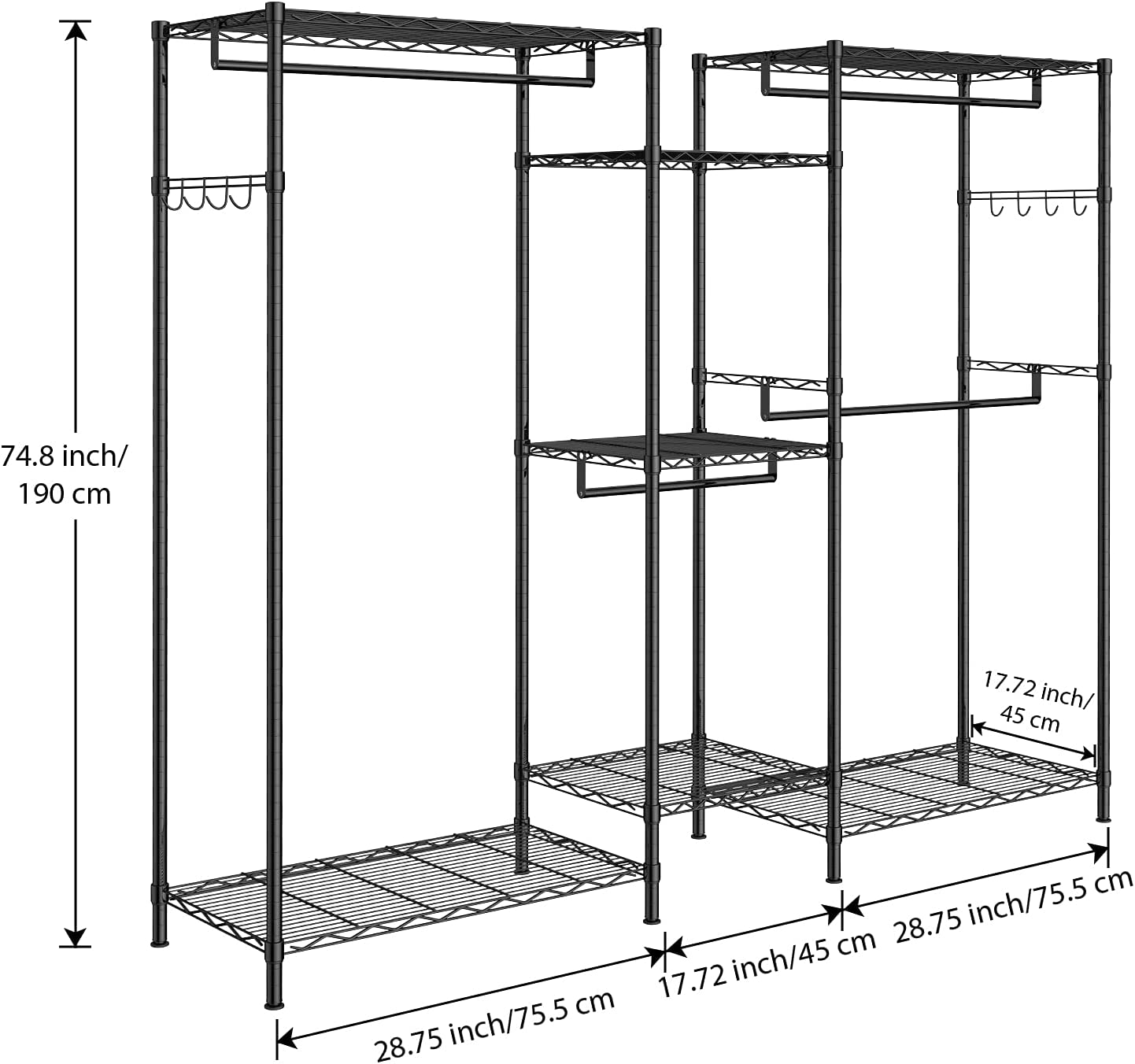 Closet Rack,Wire Metal Clothing Rack, Heavy Duty Removable Sliding Hanging Rods and Side Hooks, with Rods and Side Hooks Load 750Lbs, Black