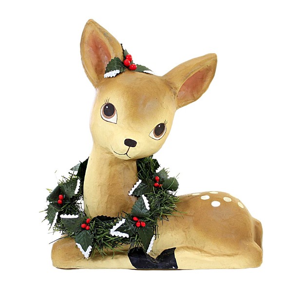 Christmas Sweet Fawn With Wreath One Figurine 13 25 Inches Retro Inspired Deer Tj1310 Paper Brown