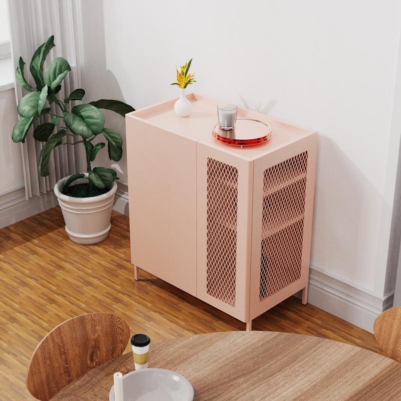 2 Door Steel Pink Storage Cabinet  Accent Storage Locker with Six Adjustable Shelves for Living Room  Garage  Office  Entryway