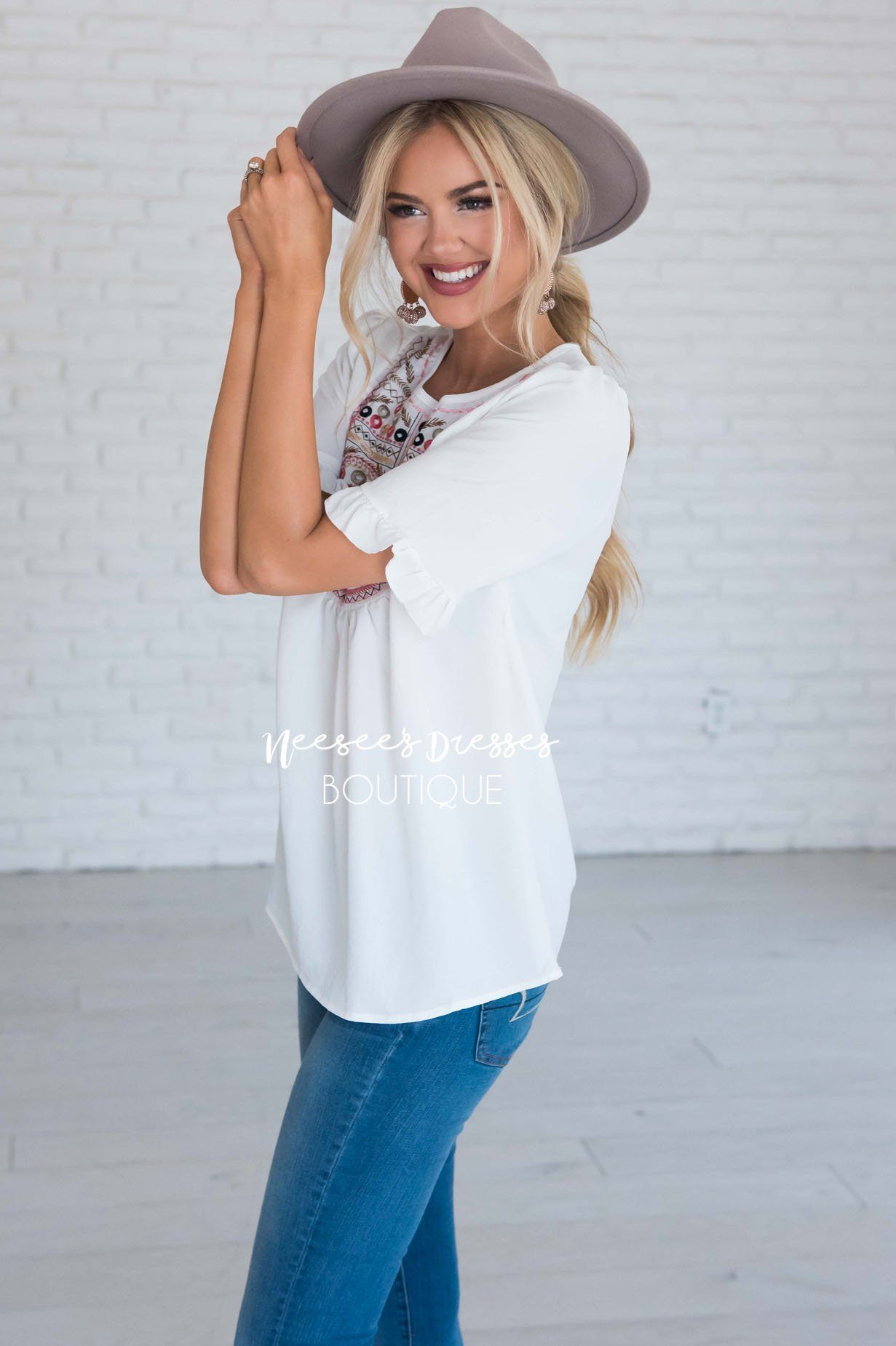 Let's Be Happy Embroidered Top