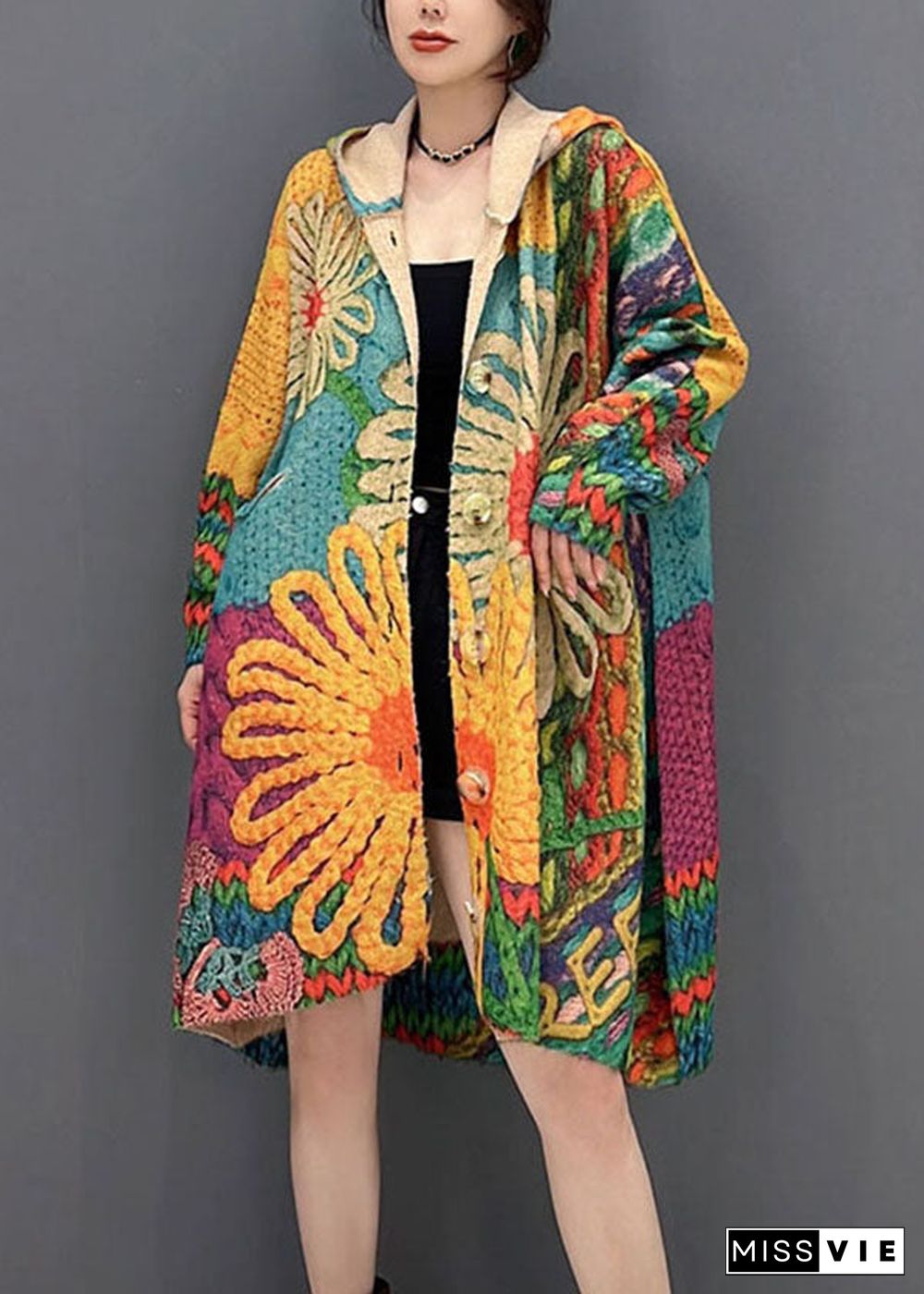 Vintage Colorblock Hooded Print Knit Loose Coats Fall