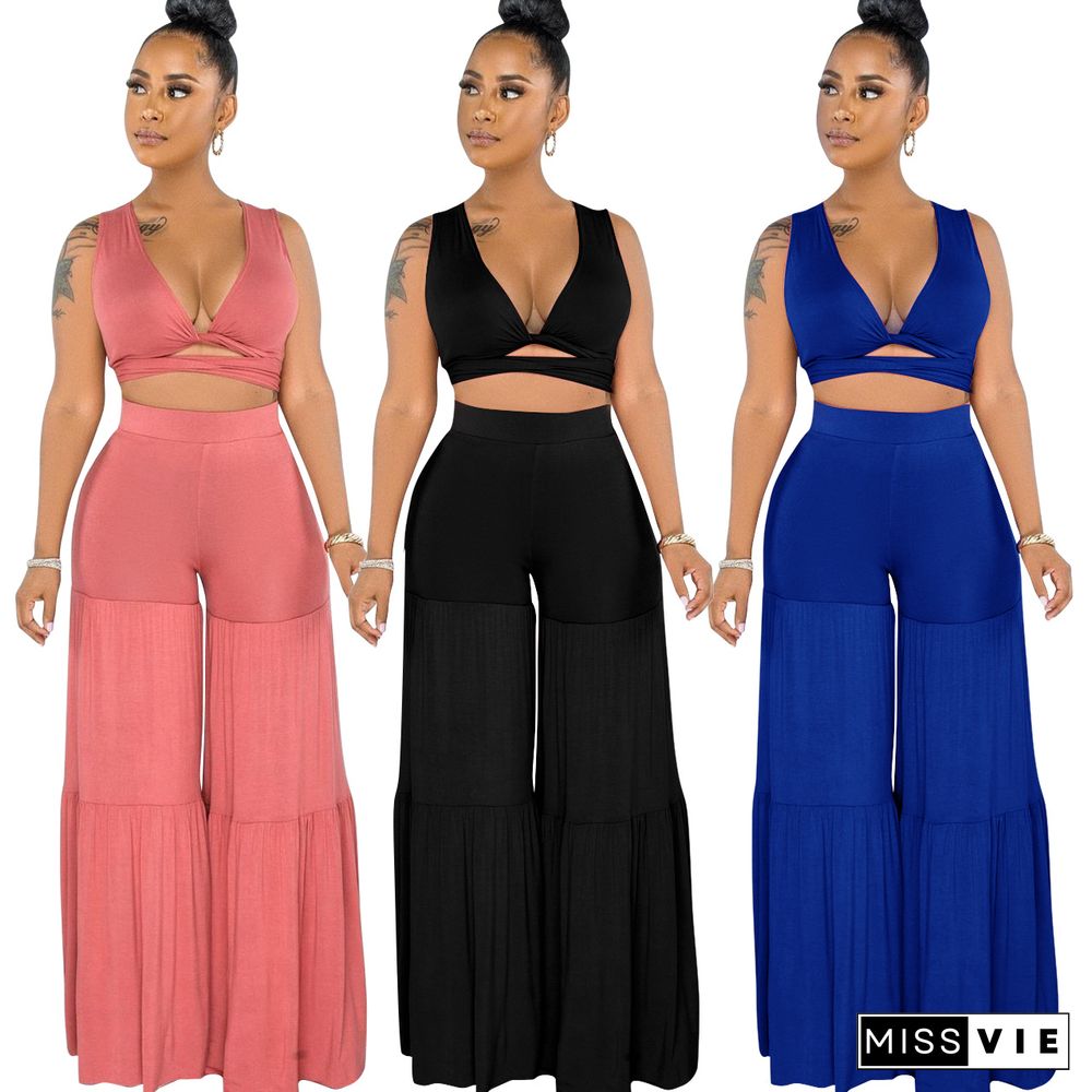 Sexy Bundled Pleated Wide-Leg Pants Two-Piece Suit