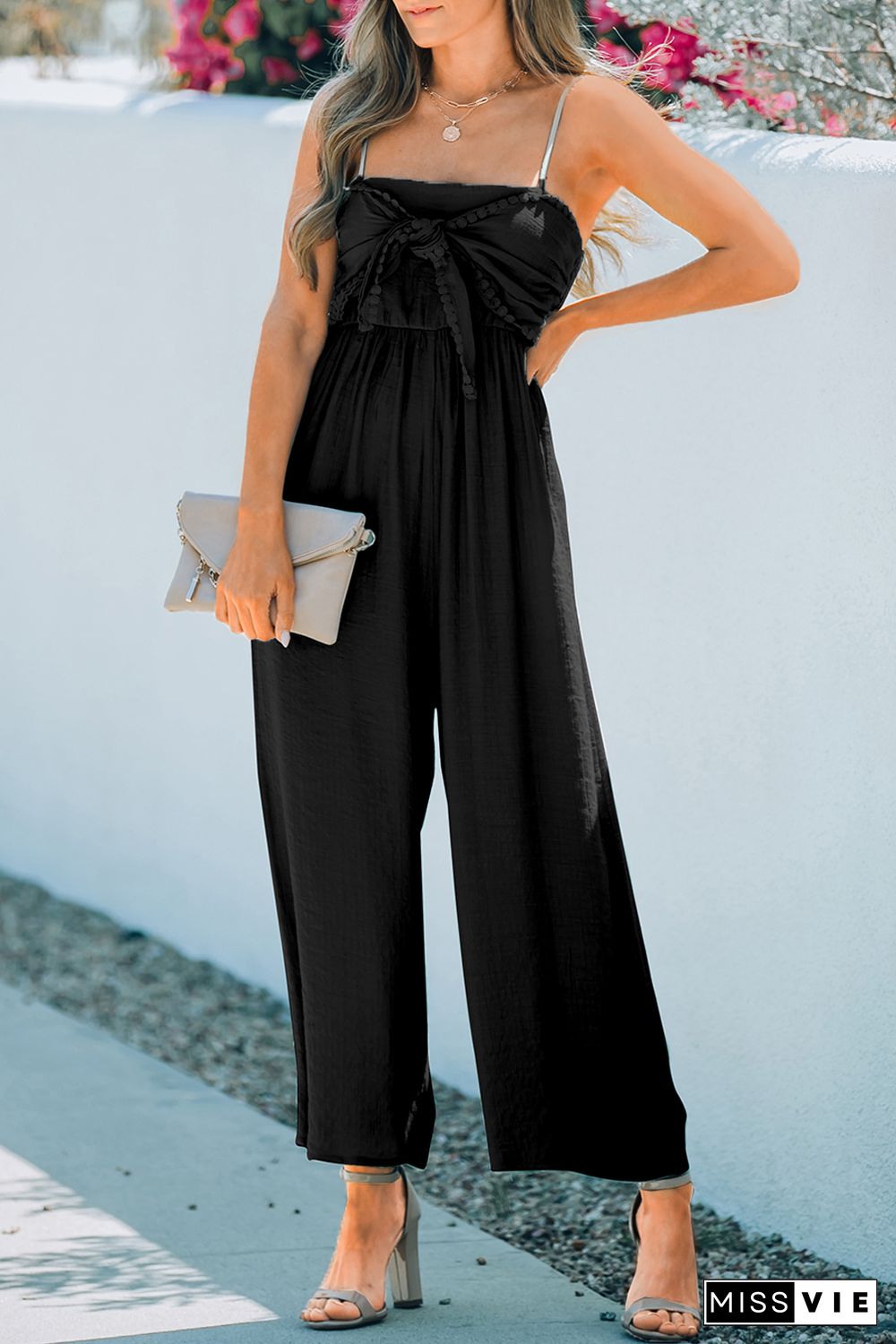 Black Front Knot Smocked Back Spaghetti Straps Jumpsuit