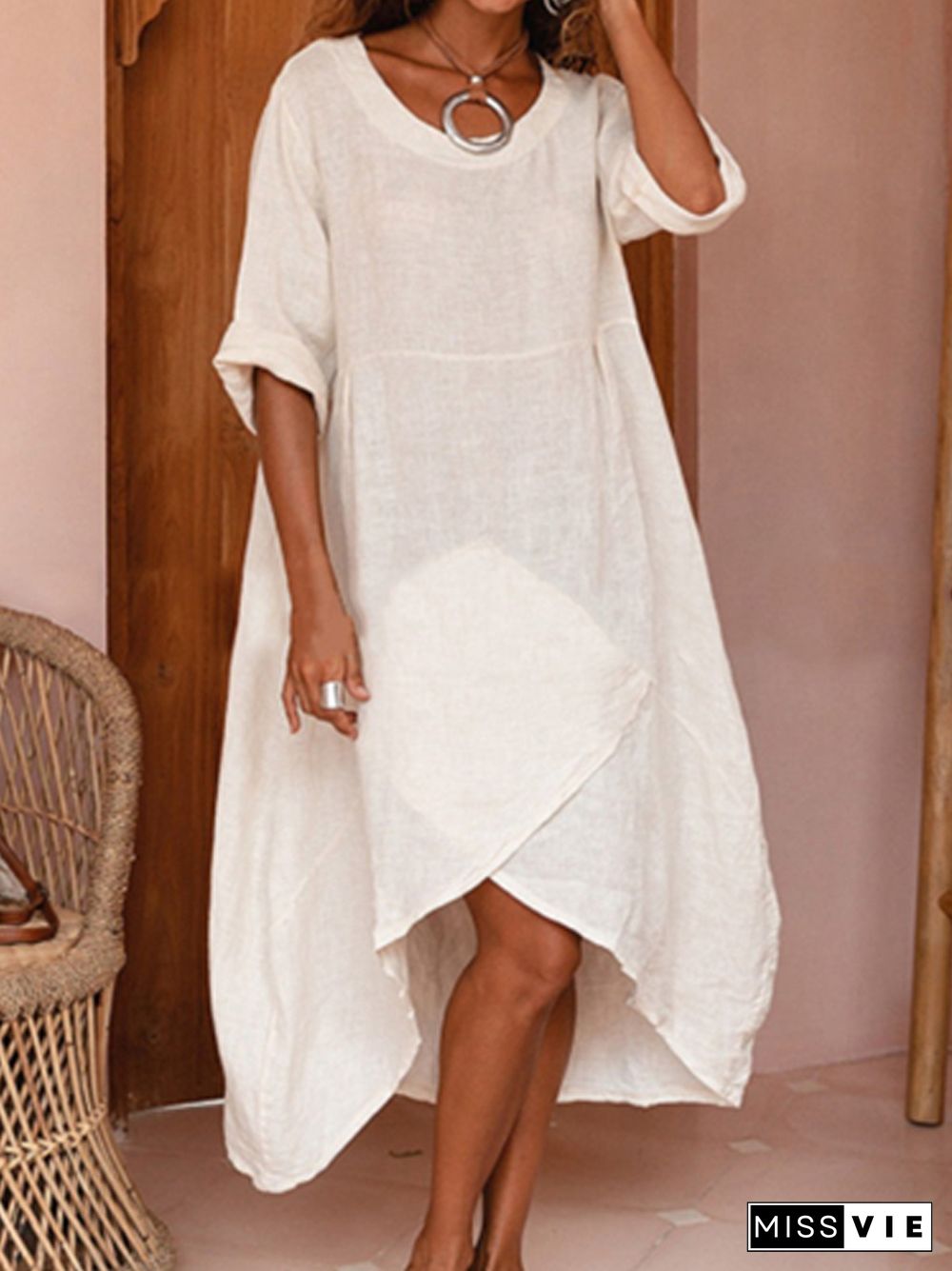 Retro Loose Summer Cotton Linen Long Dress Casual Harajuku Solid 3/4 Sleeve Irregular Dresses Women Clothes O-Neck Dress Vestido