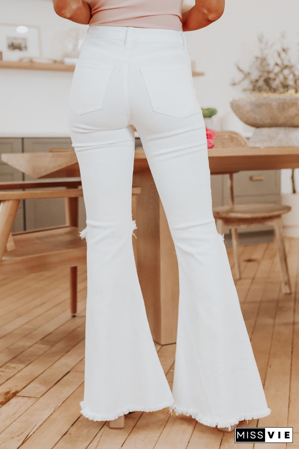 White Distressed Hollow-out Knee Frayed Flare Jeans