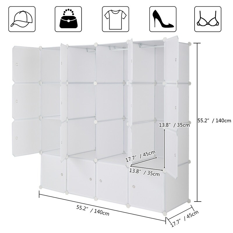 8/12/16/20 Cube Organizer Stackable Plastic Cube Storage Closet Cabinet with Hanging Rod White