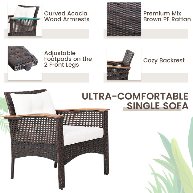 Costway 3pcs Patio Rattan Furniture Set Acacia Wood Table Top W shelf Cushioned