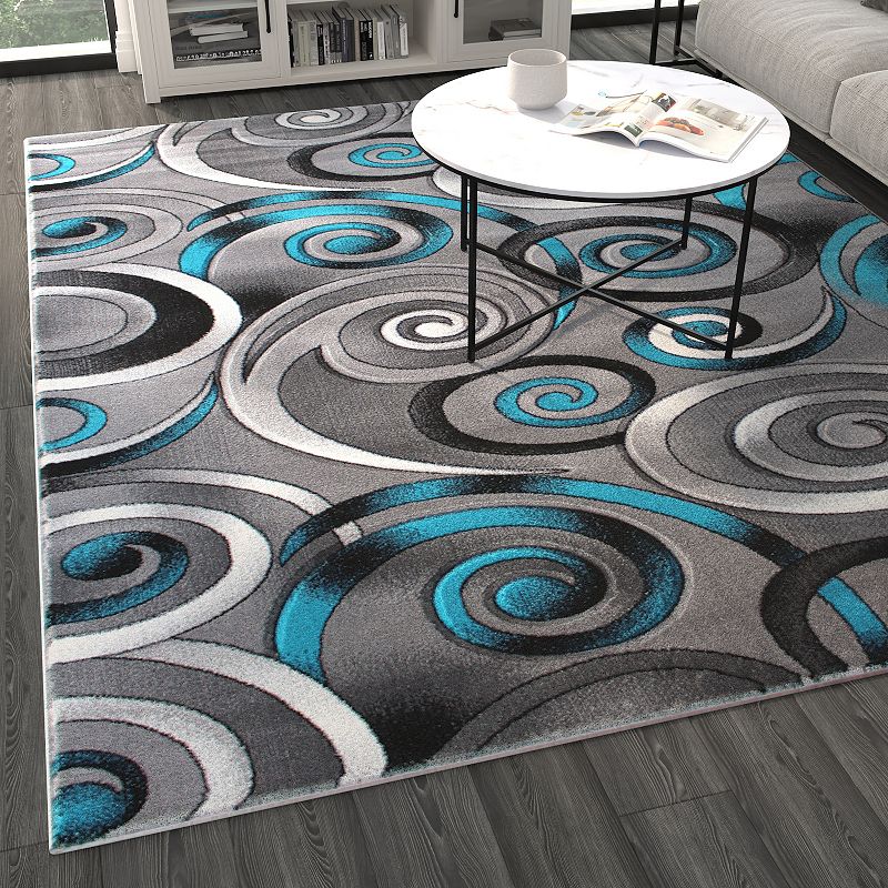 Masada Rugs Masada Rugs DaVincii Collection Turquoise 8'x10' Contemporary Woven Area Rug with Hand Carved Overlapping Swirls - Design D414