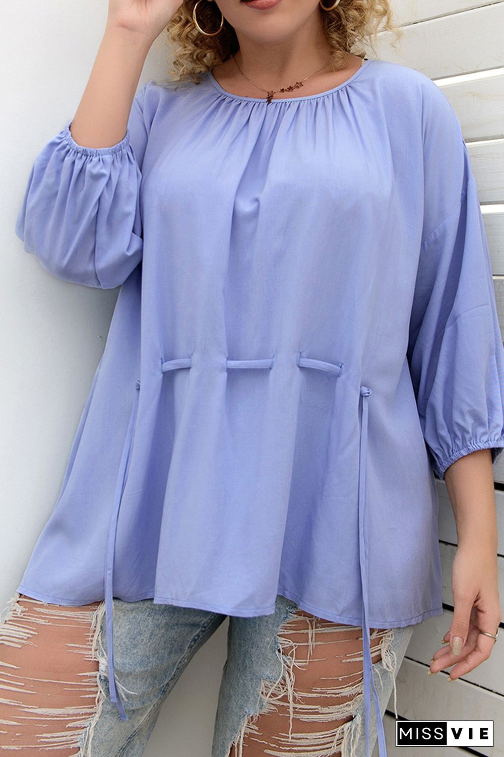 Plus Size Drawstring Pleat O-neck Blouse Top Women Wholesale