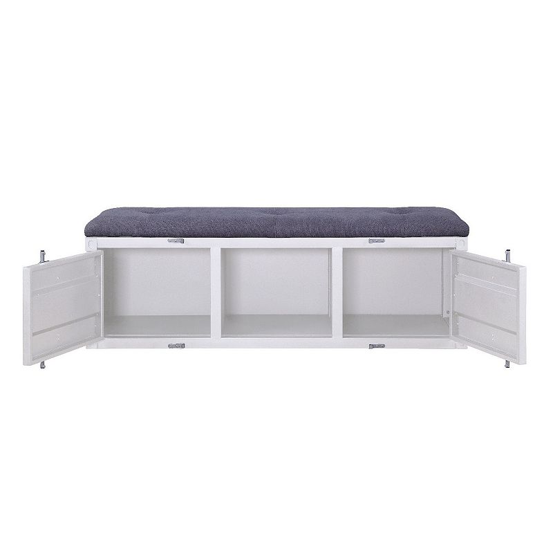 Metal Bench with Open Storage and Tufted Fabric Seat， White and Gray