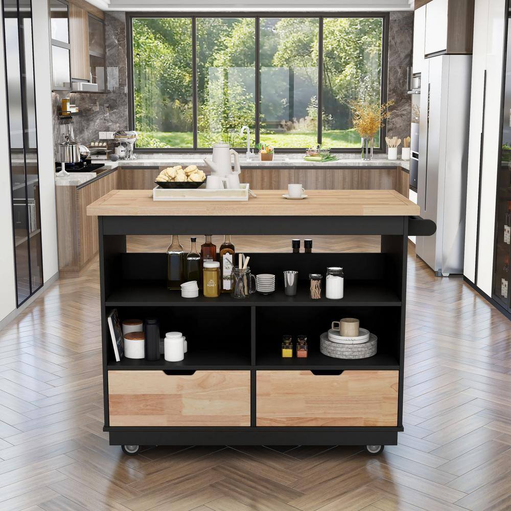 Nestfair Black Rolling Mobile Kitchen Island with 2-Drawers LKK005001B