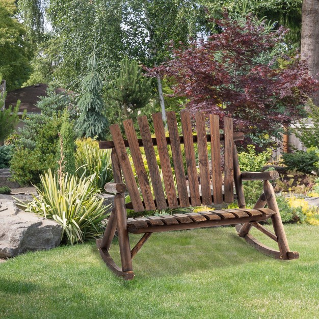 Outsunny Outdoor Adirondack Rocking Chair With Log Slatted Design 2 seat Patio Wooden Rocker Loveseat With High Back For Lawn Backyard Garden