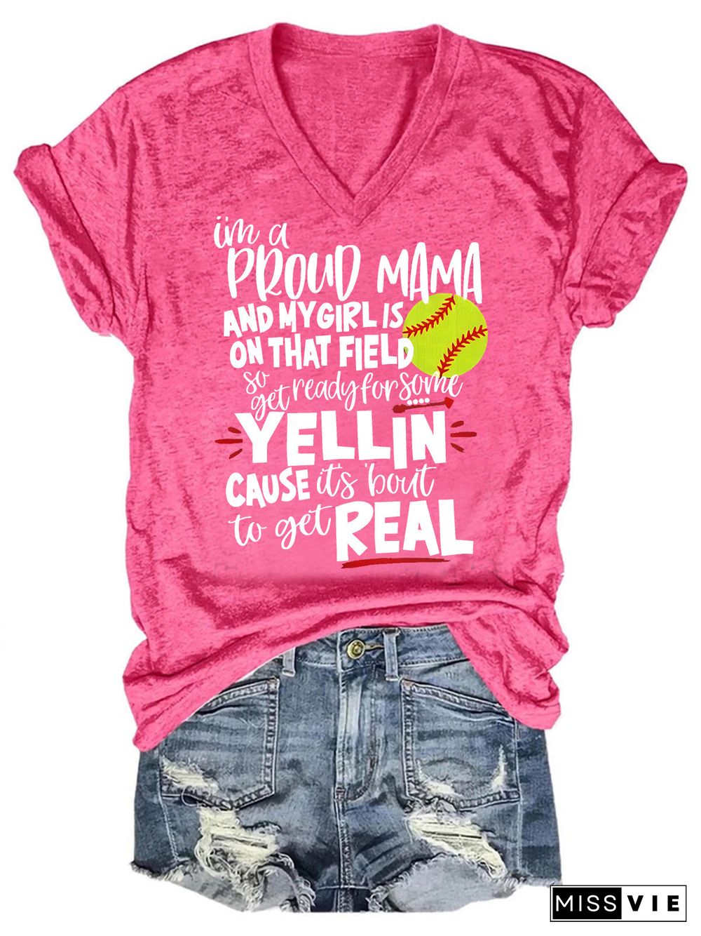 Proud Softball Mama V Neck T-Shirt