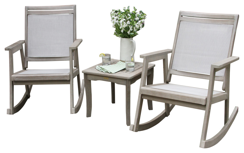 3 Piece Gray Wash Eucalyptus and Sling Rocking Chair Set With Accent Table   Farmhouse   Outdoor Lounge Sets   by Outdoor Interiors  Houzz