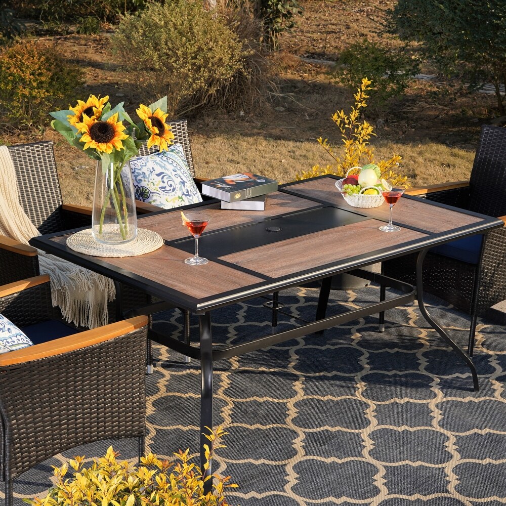 Patio Dining Table with Umbrella Hole and Wood Look Table Top