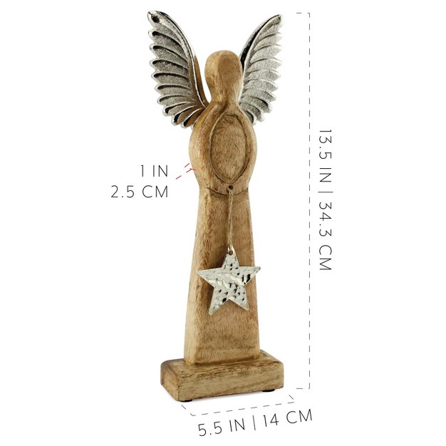 Auldhome Design Wooden Angel Christmas Statue Farmhouse Holiday Decor Wood And Metal Figurine